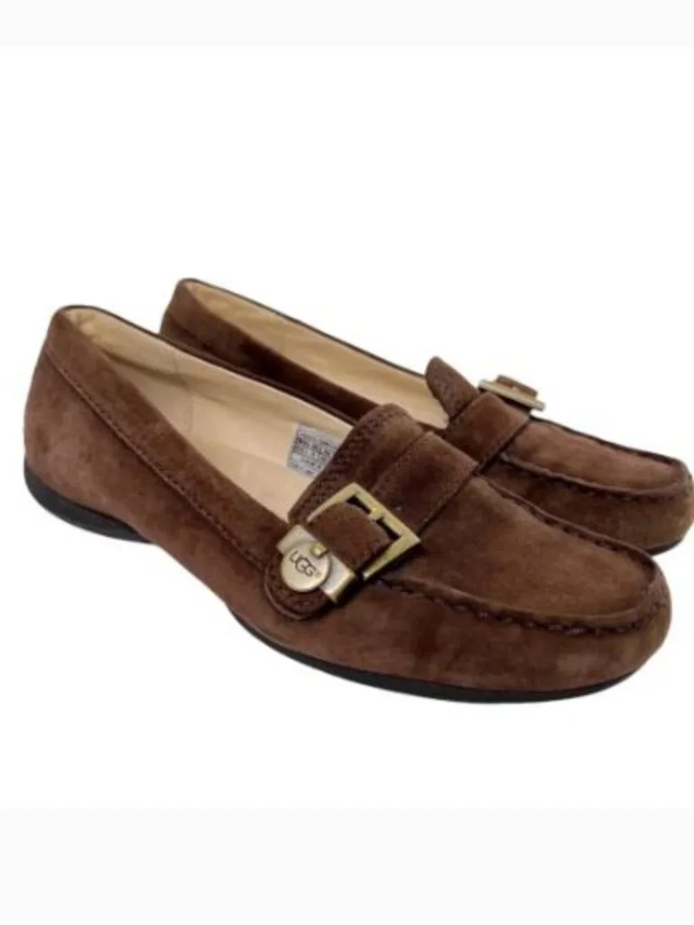 UGG Crawford Suede Loafers 8 Brown Driving Moccasin Leather Slip On Brass Buckle